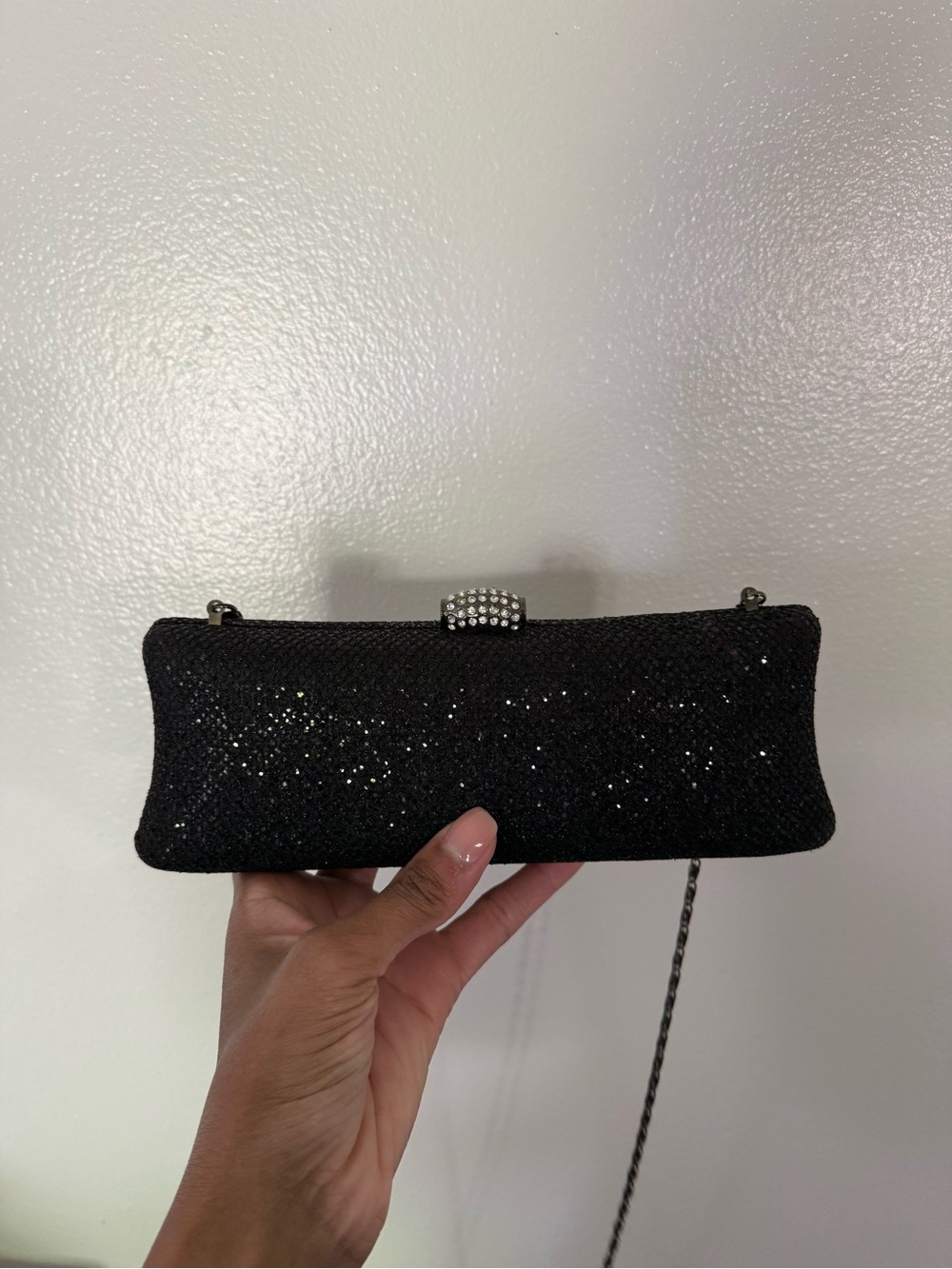 JNB Black Sparkle Evening Clutch with Rhinestone Accent